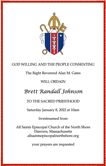Invitation to the ordination of Brett Johnson with red border and crest