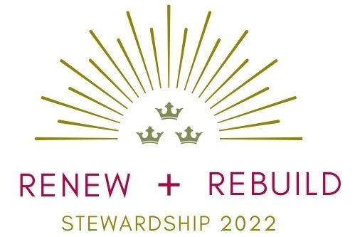 Three golden crown images, with a golden sunbeam above them. Below, pink text reads: "Renew + Rebuild." Golden Text below reads: "Stewardship 2022"