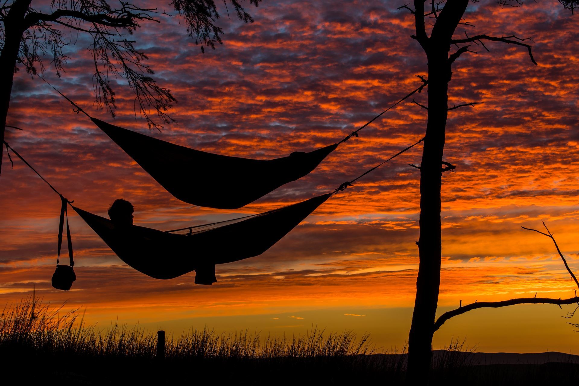 Two hammocks in profile against a colorful sunset