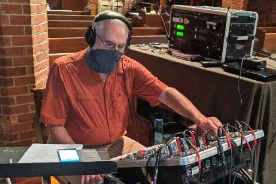 Rich Goldhor volunteering as sound engineer for Parish of the Epiphany's livestreamed worship