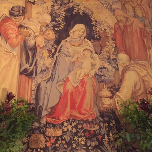 Parish of the Epiphany's tapestry featuring the Virgin Mary holding the infant Christ