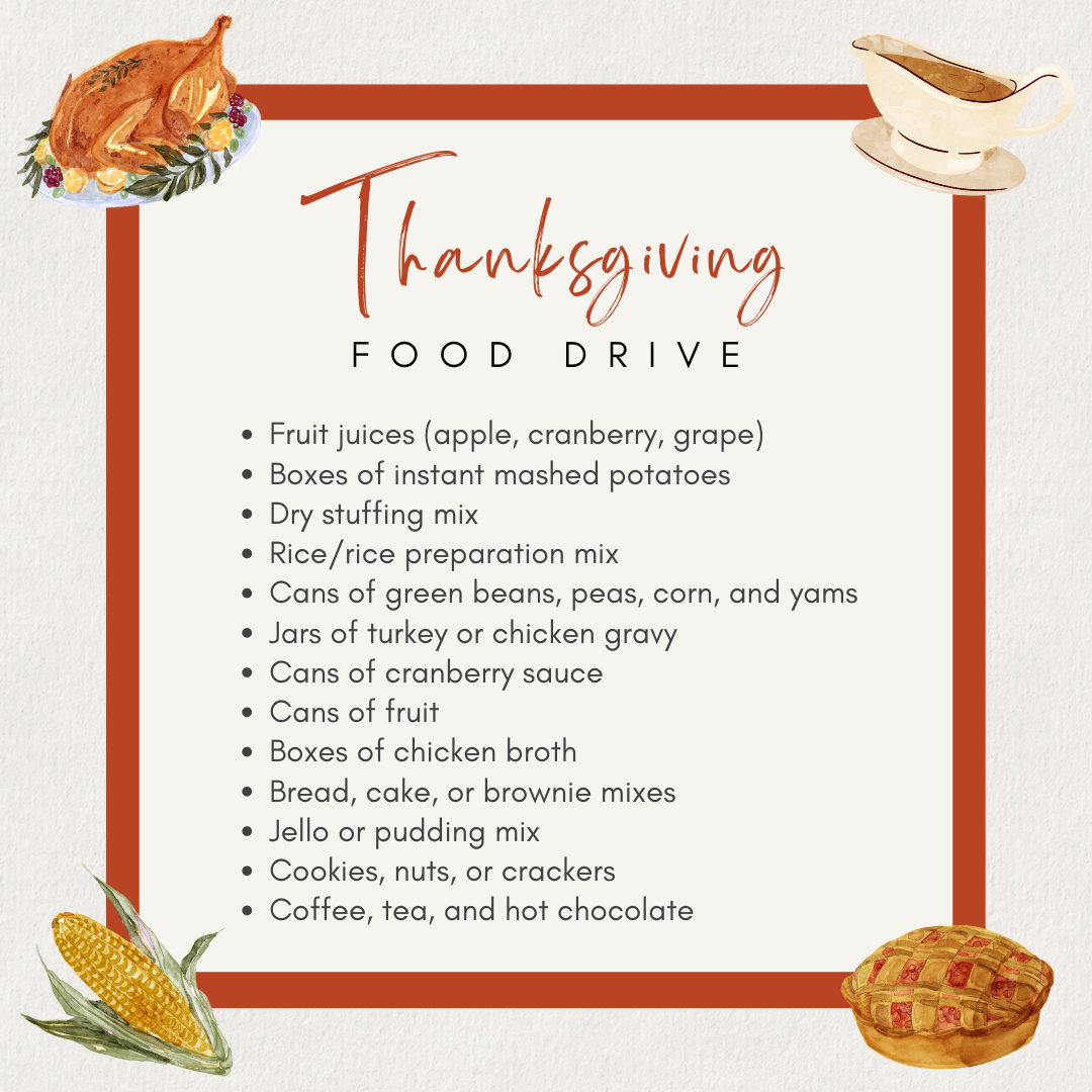 Graphic of requested donation items for Thanksgiving food drive